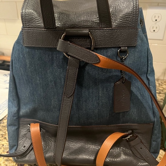 Coach Denim and Navy Leather Turnlock Backpack - Picture 6 of 10